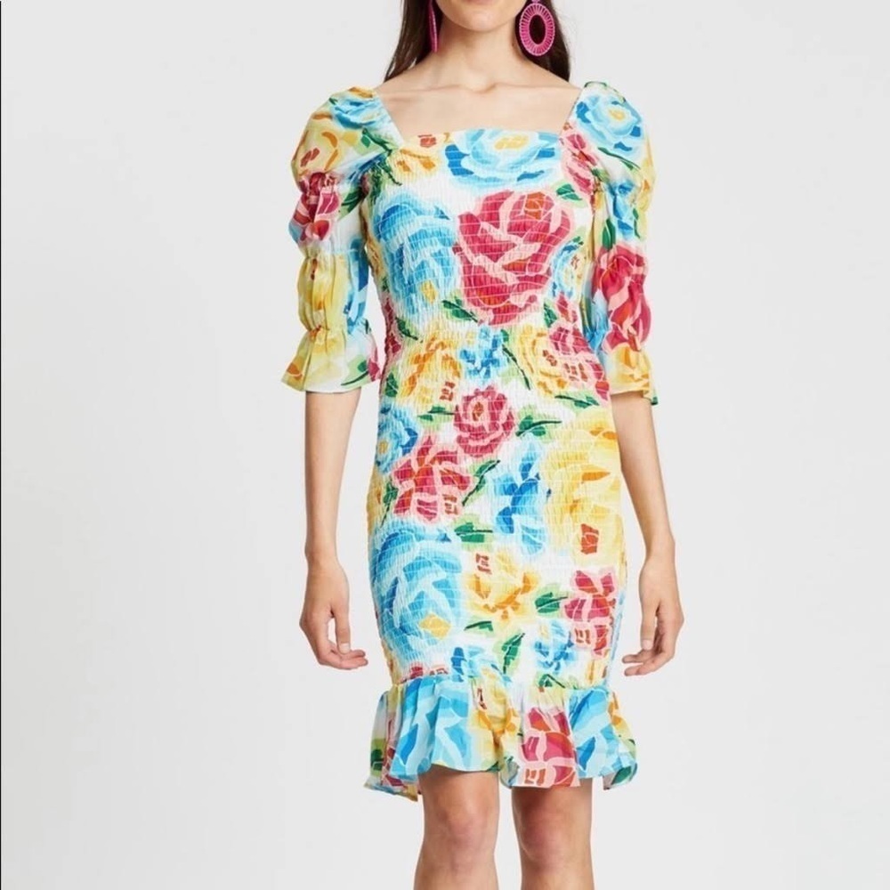 NWT All Things Mochi Marianna Smocked Mini Dress Multi Floral sz L